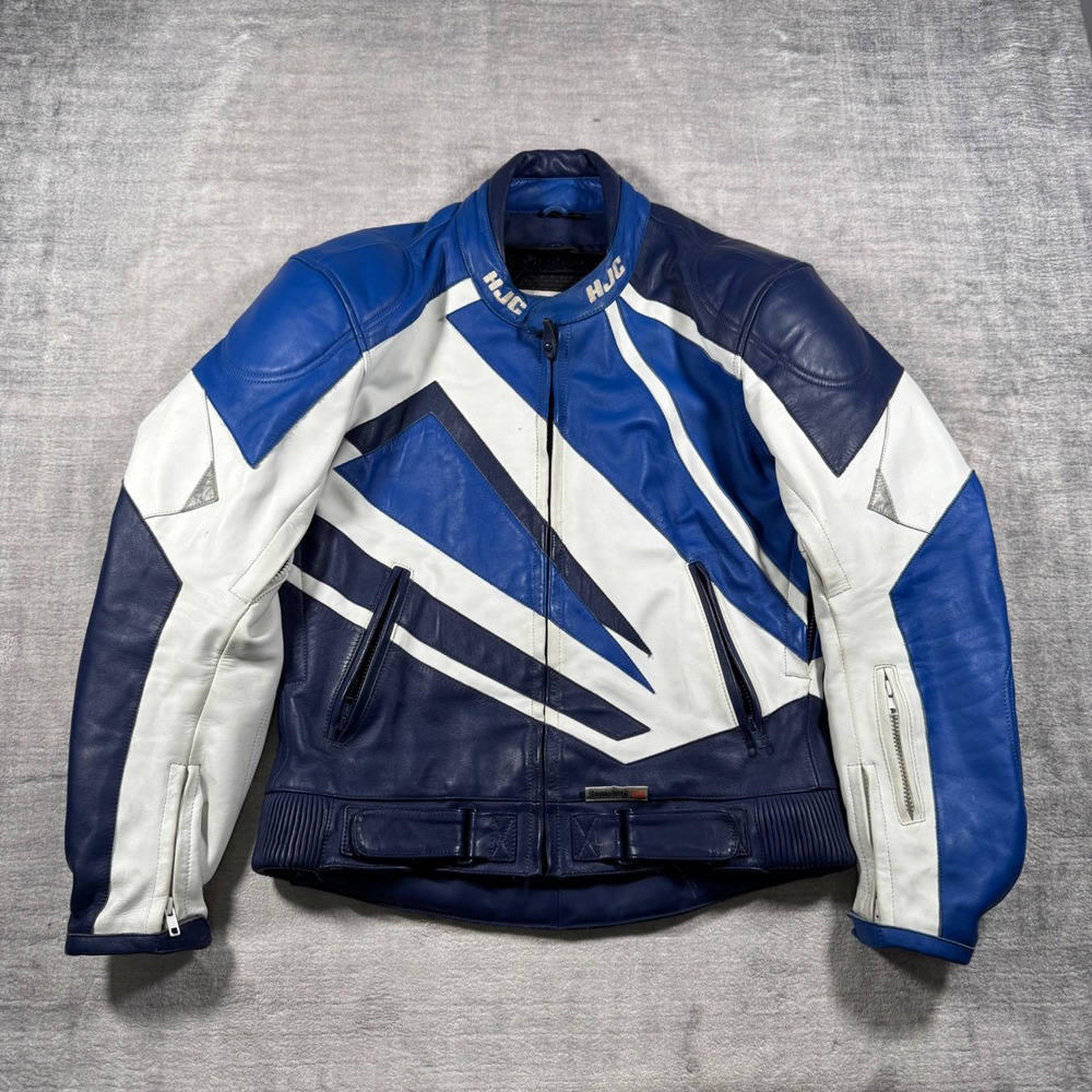 HJC Motorcycle Jacket Mens 42 Blue White Colour Block Leather Biker Moto Racing